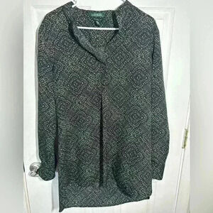 Lauren Ralph Lauren 1/4 Button Up Tunic. Black & gold longer in back. Size Large